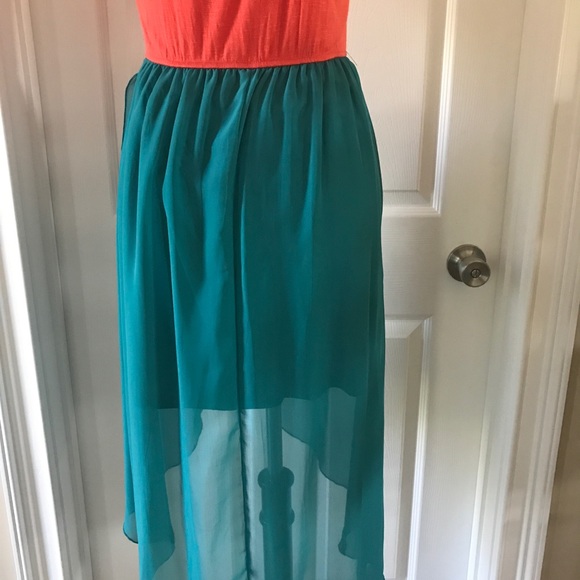 As U Wish Hi-Lo dress Medium.  Orange and Teal - Picture 6 of 7